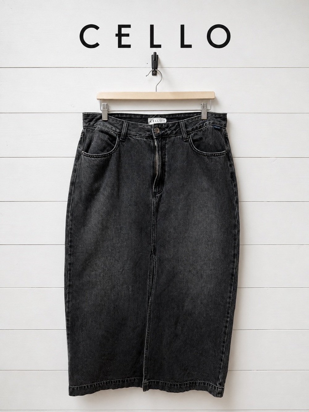CELLO Washed Black Denim Midi Pencil Skirt Size XL